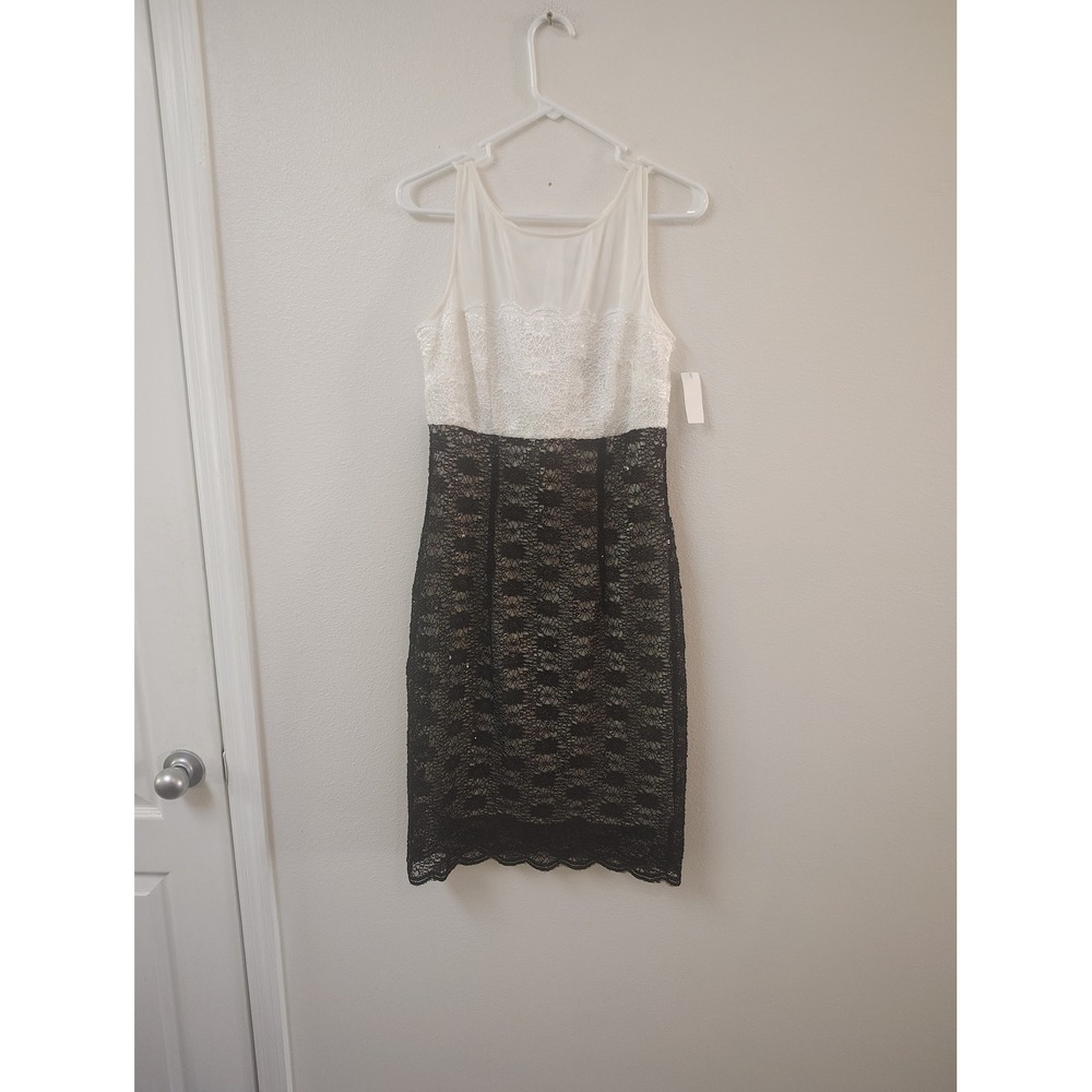 Sears Social Sheath Dress Ivory Black Lace Sequin Cocktail Party Size 10‎ NEW